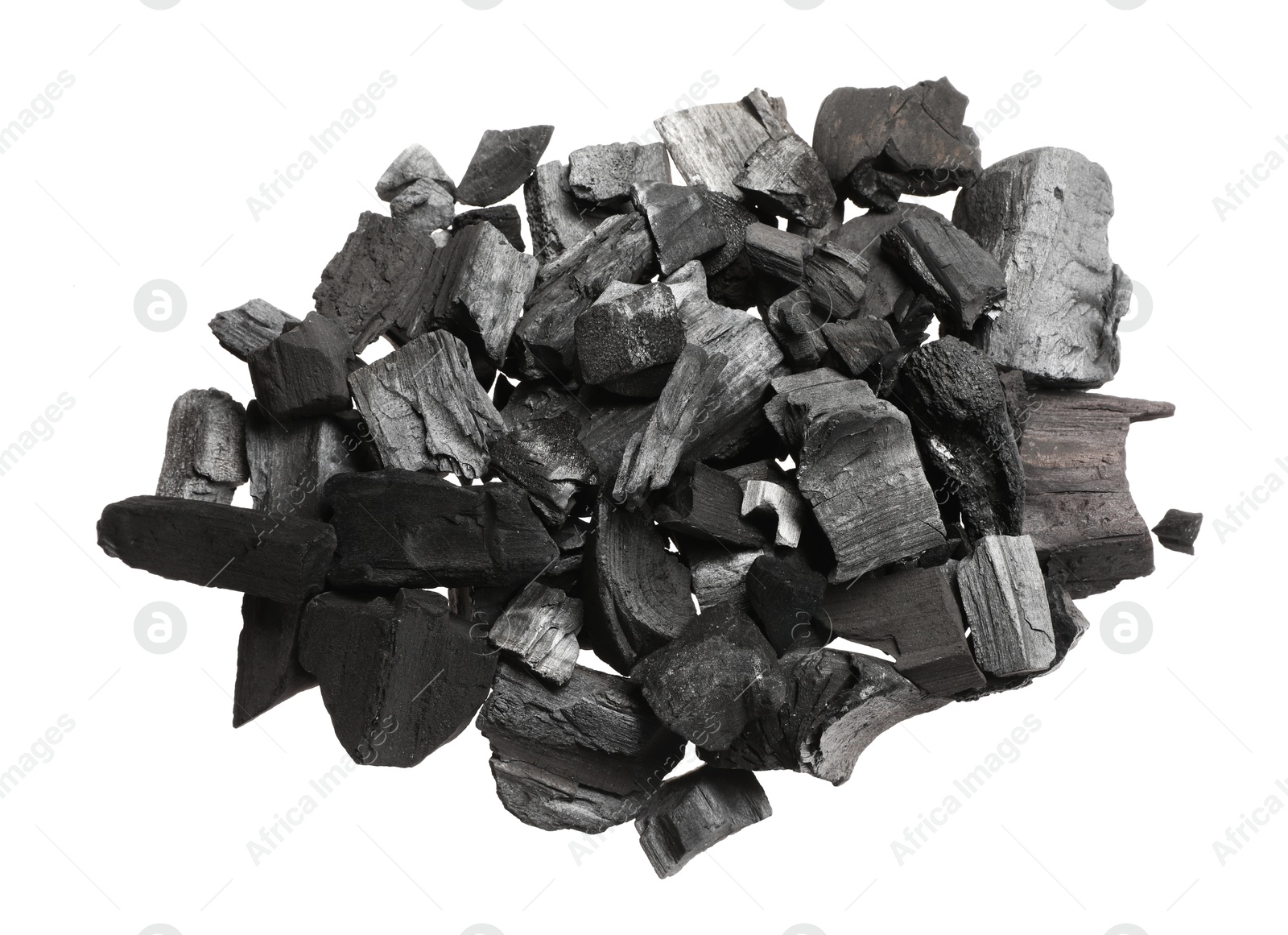 Pieces of black coals isolated on white, top view Photo of Pieces of black coals isolated on white, top view