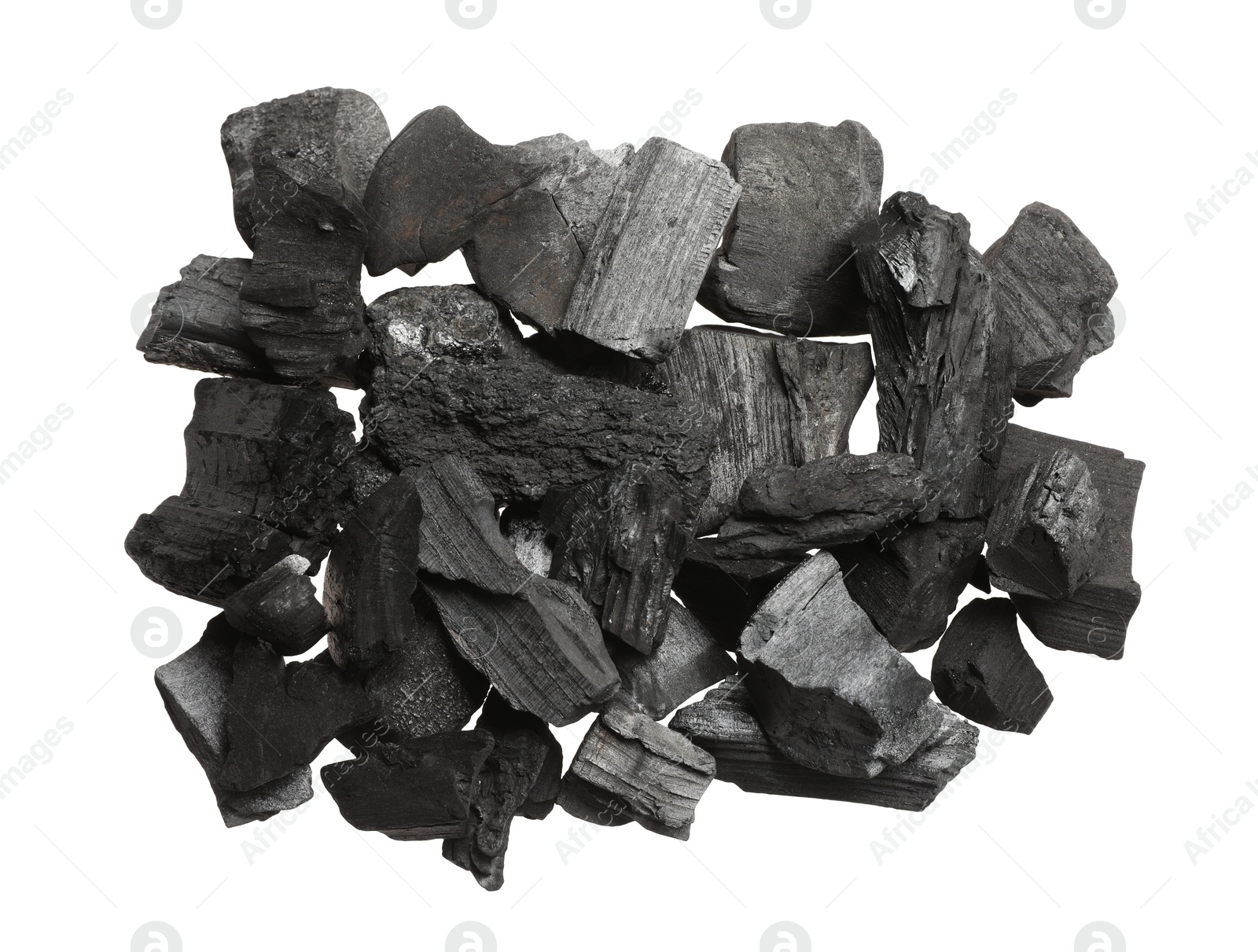 Pieces of black coals isolated on white, top view Photo of Pieces of black coals isolated on white, top view