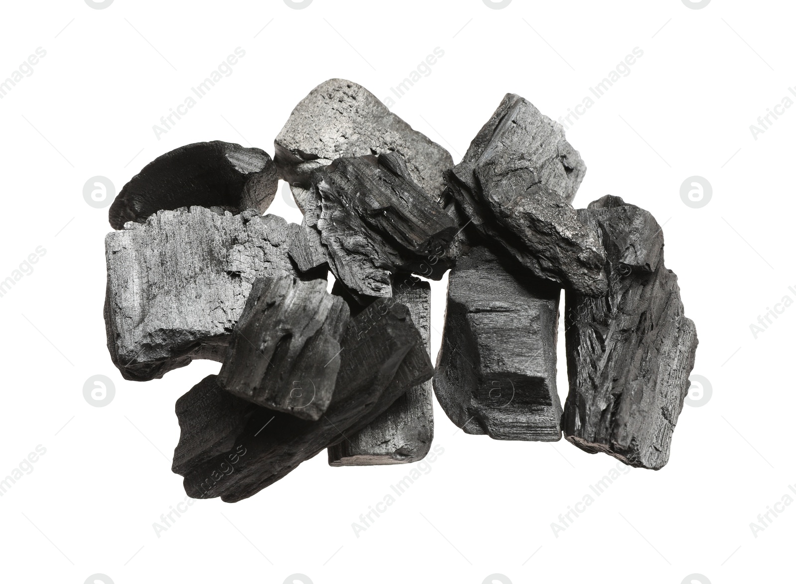 Pieces of black coals isolated on white, top view Photo of Pieces of black coals isolated on white, top view