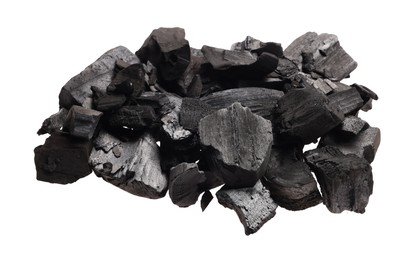 Photo of Pieces of black coals isolated on white
