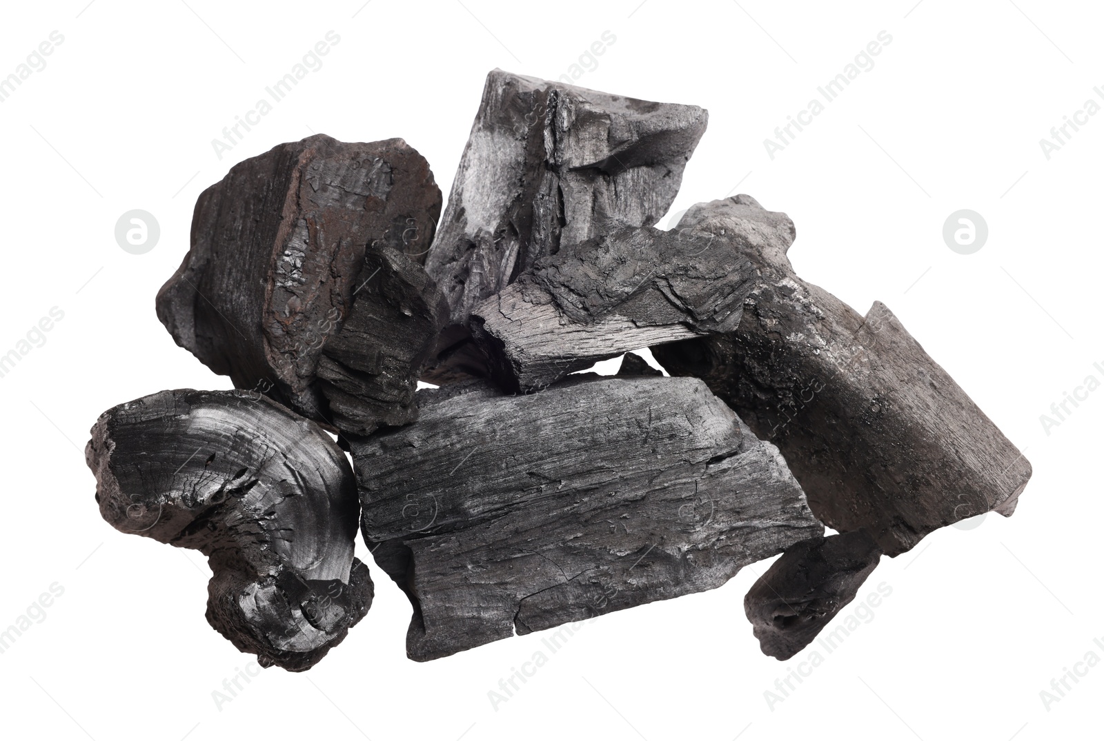 Pieces of black coals isolated on white, top view Photo of Pieces of black coals isolated on white, top view