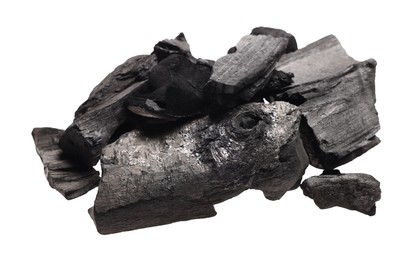Photo of Pieces of black coals isolated on white