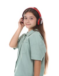 Photo of Teenage girl in headphones on white background
