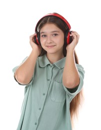 Photo of Teenage girl in headphones on white background