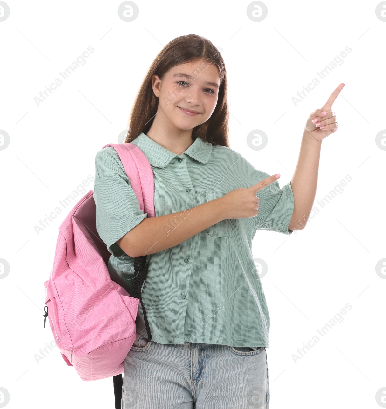 Teenage girl with backpack on white background Photo of Teenage girl with backpack on white background