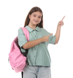 Photo of Teenage girl with backpack on white background