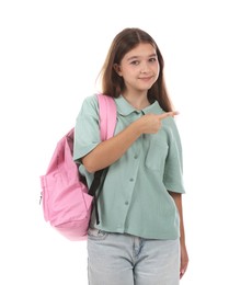 Photo of Teenage girl with backpack on white background
