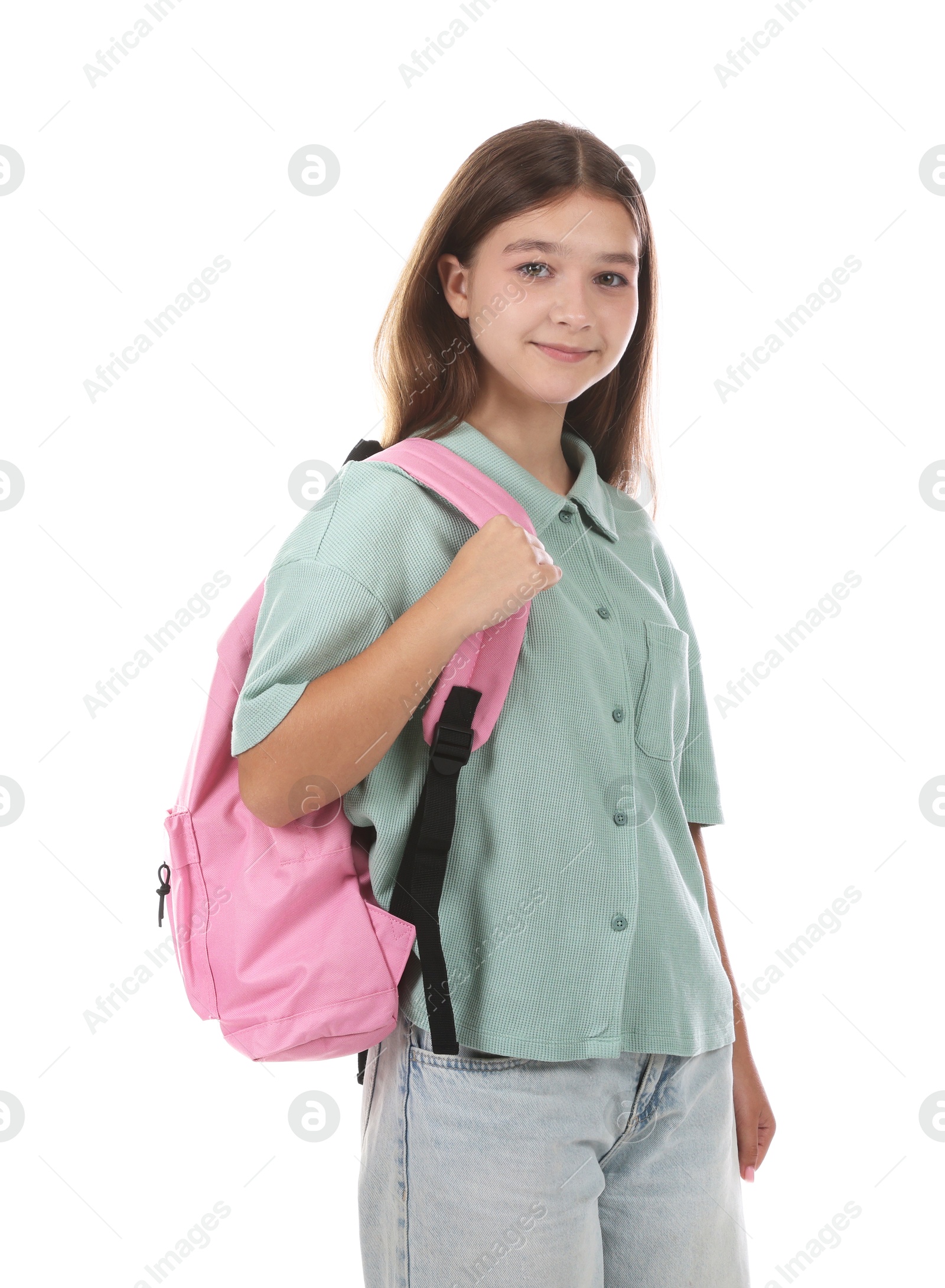 Teenage girl with backpack on white background Photo of Teenage girl with backpack on white background