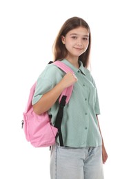 Photo of Teenage girl with backpack on white background