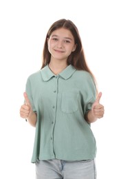Photo of Teenage girl showing thumbs up on white background