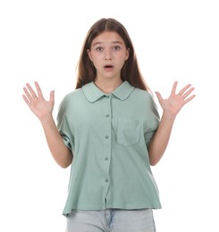 Photo of Portrait of surprised teenage girl on white background