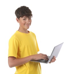 Photo of Teenage boy with laptop on white background