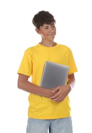 Photo of Teenage boy with laptop on white background