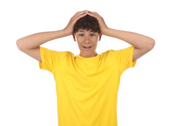 Photo of Portrait of teenage boy on white background