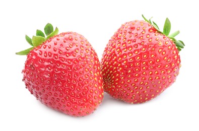 Photo of Fresh strawberries isolated on white. Seasonal berries