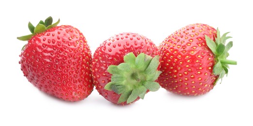 Photo of Fresh strawberries isolated on white. Seasonal berries