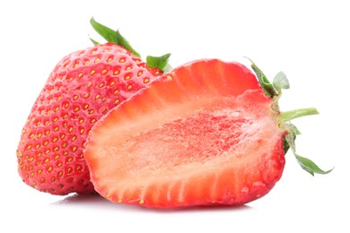 Photo of Whole and half of fresh strawberries isolated on white