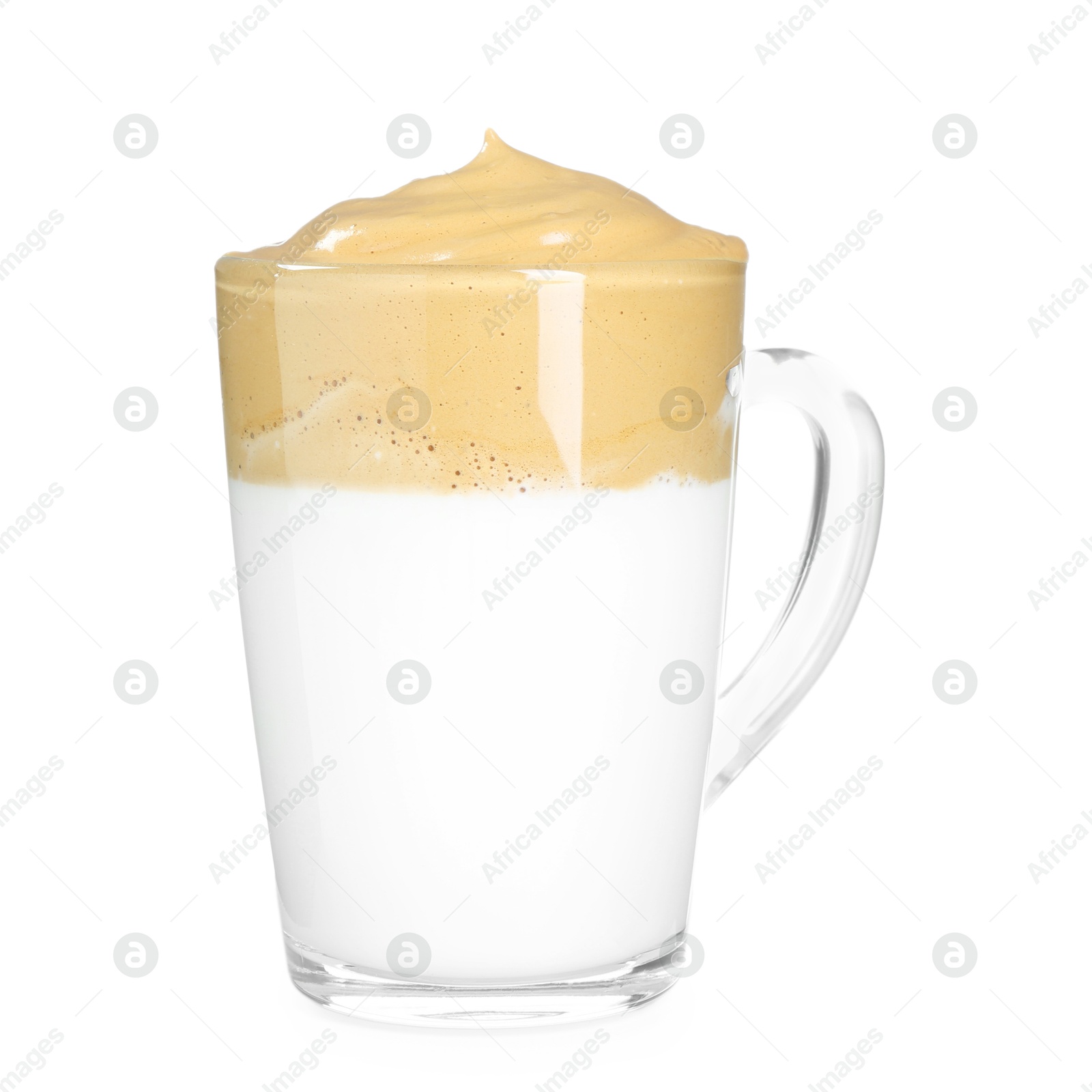 Photo of Delicious dalgona coffee in glass cup isolated on white
