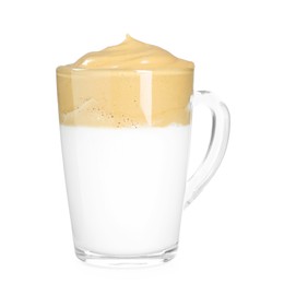 Photo of Delicious dalgona coffee in glass cup isolated on white