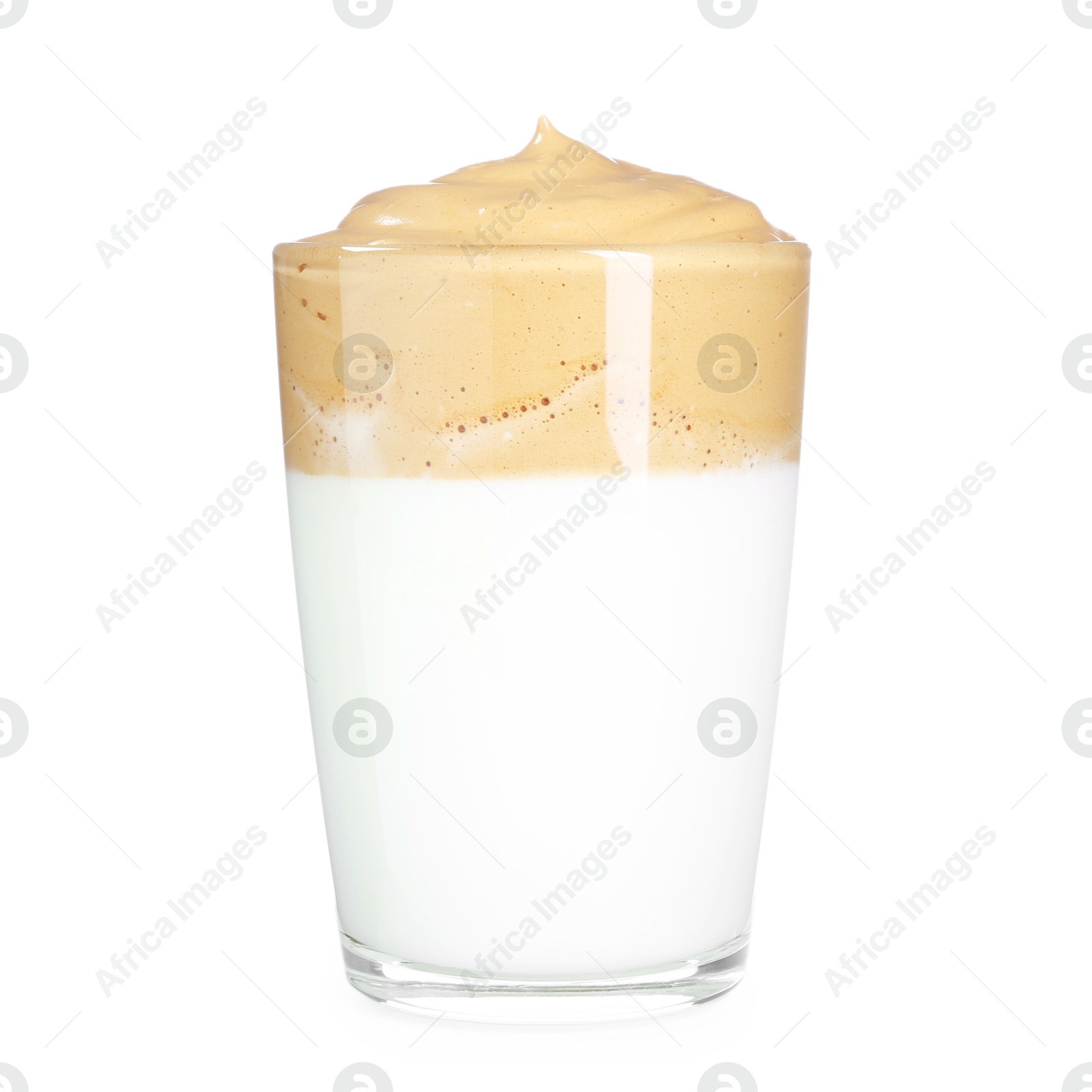 Photo of Delicious dalgona coffee in glass cup isolated on white