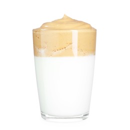 Photo of Delicious dalgona coffee in glass cup isolated on white