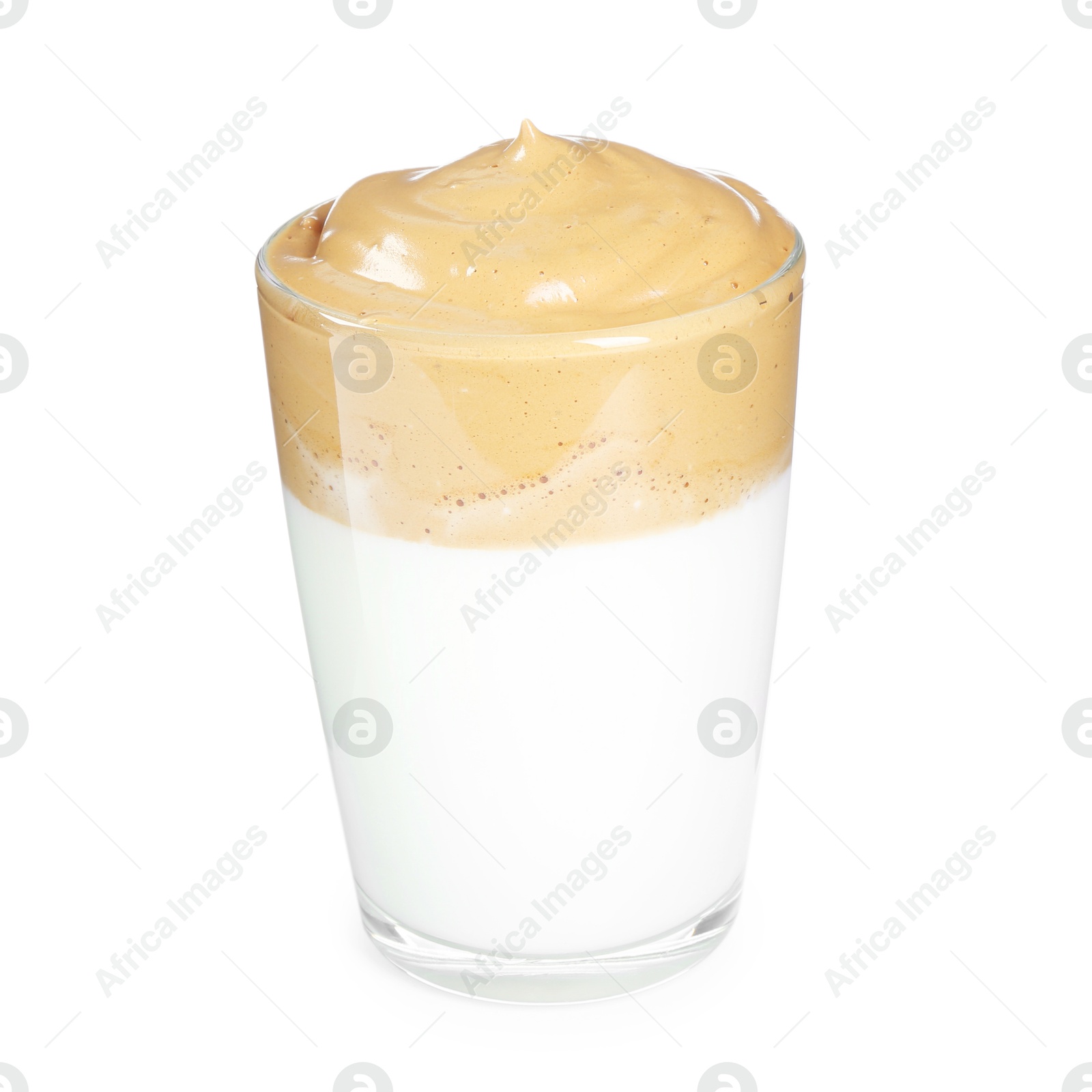 Photo of Delicious dalgona coffee in glass cup isolated on white