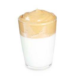 Photo of Delicious dalgona coffee in glass cup isolated on white