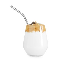 Photo of Delicious dalgona coffee in glass isolated on white