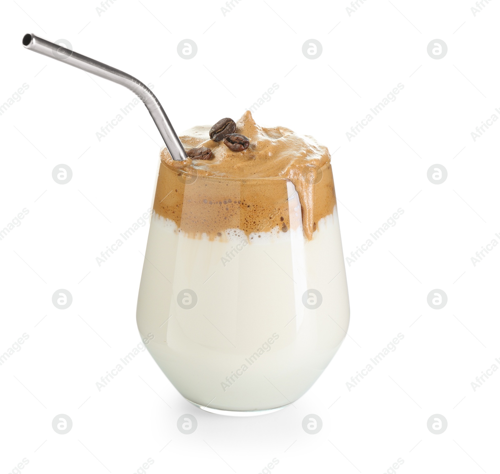 Delicious dalgona coffee in glass isolated on white Photo of Delicious dalgona coffee in glass isolated on white