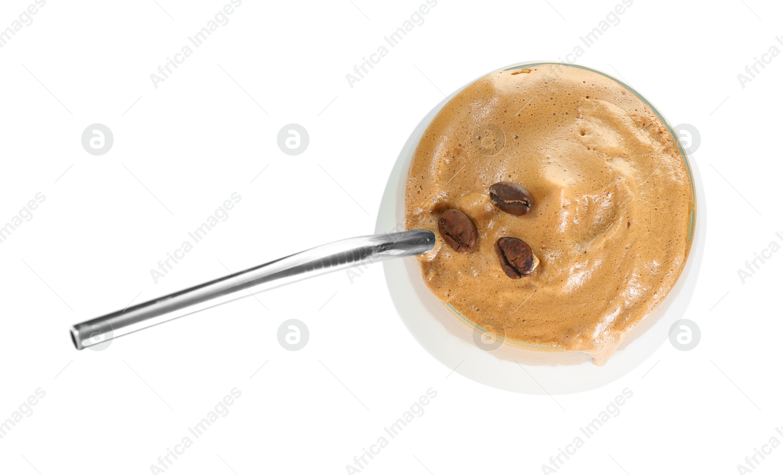 Photo of Delicious dalgona coffee in glass isolated on white, top view