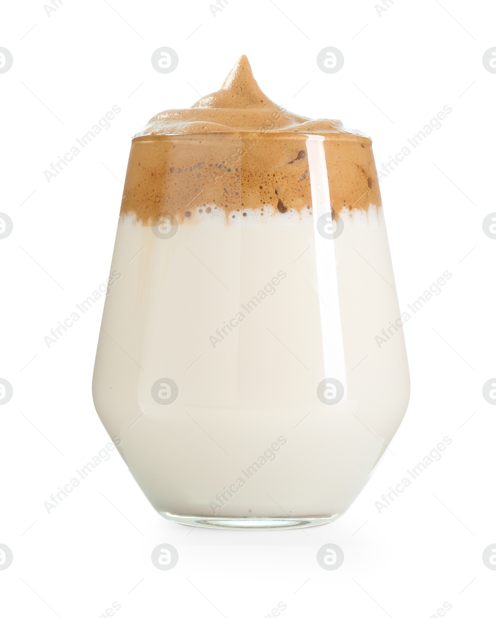 Photo of Delicious dalgona coffee in glass isolated on white