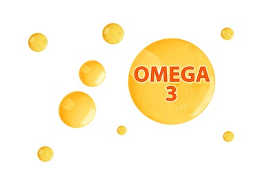 Image of Yellow drops of Omega-3 on white background