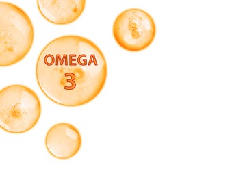 Image of Drops of Omega-3 on white background, space for text