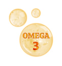 Image of Yellow drops of Omega-3 on white background
