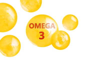 Image of Yellow drops of Omega-3 on white background