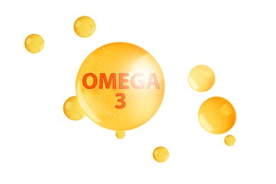 Image of Yellow drops of Omega-3 on white background