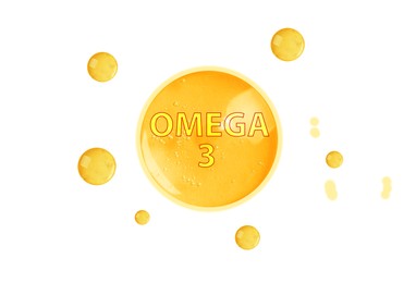 Image of Yellow drops of Omega-3 on white background