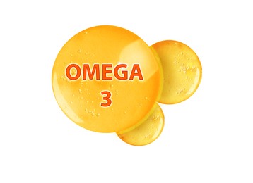 Image of Yellow drops of Omega-3 on white background
