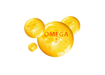 Image of Yellow drops of Omega-3 on white background