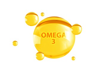 Image of Yellow drops of Omega-3 on white background