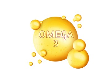 Image of Yellow drops of Omega-3 on white background
