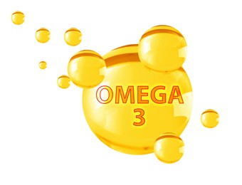 Image of Yellow drops of Omega-3 on white background