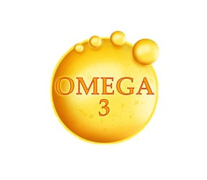Image of Yellow drops of Omega-3 on white background