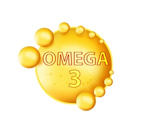 Image of Yellow drops of Omega-3 on white background