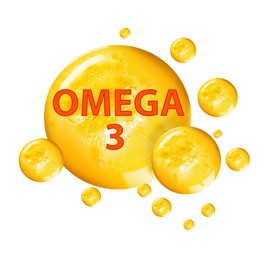 Image of Yellow drops of Omega-3 on white background