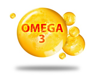 Image of Yellow drops of Omega-3 in air on white background