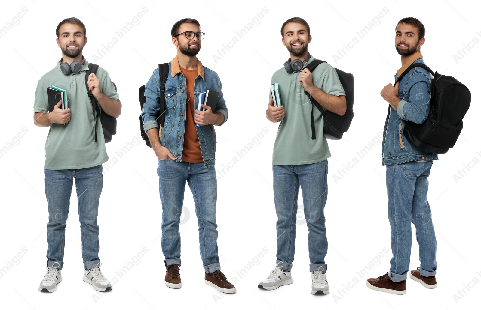 Happy young student on white background, collage Image of Happy young student on white background, collage