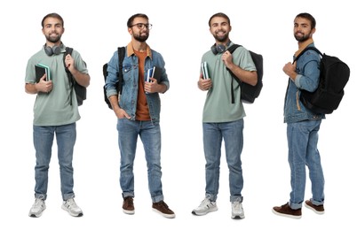 Image of Happy young student on white background, collage