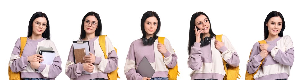 Image of Beautiful young student on white background, collage