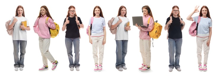 Image of Beautiful teenage student on white background, collage